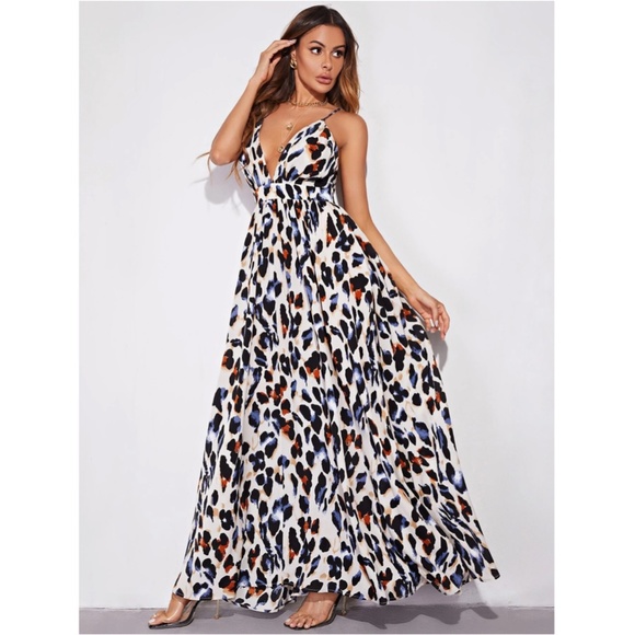 Cheetah Print Cream Multicolor Maxi Dress Backless Criss Cross Straps - Picture 4 of 6